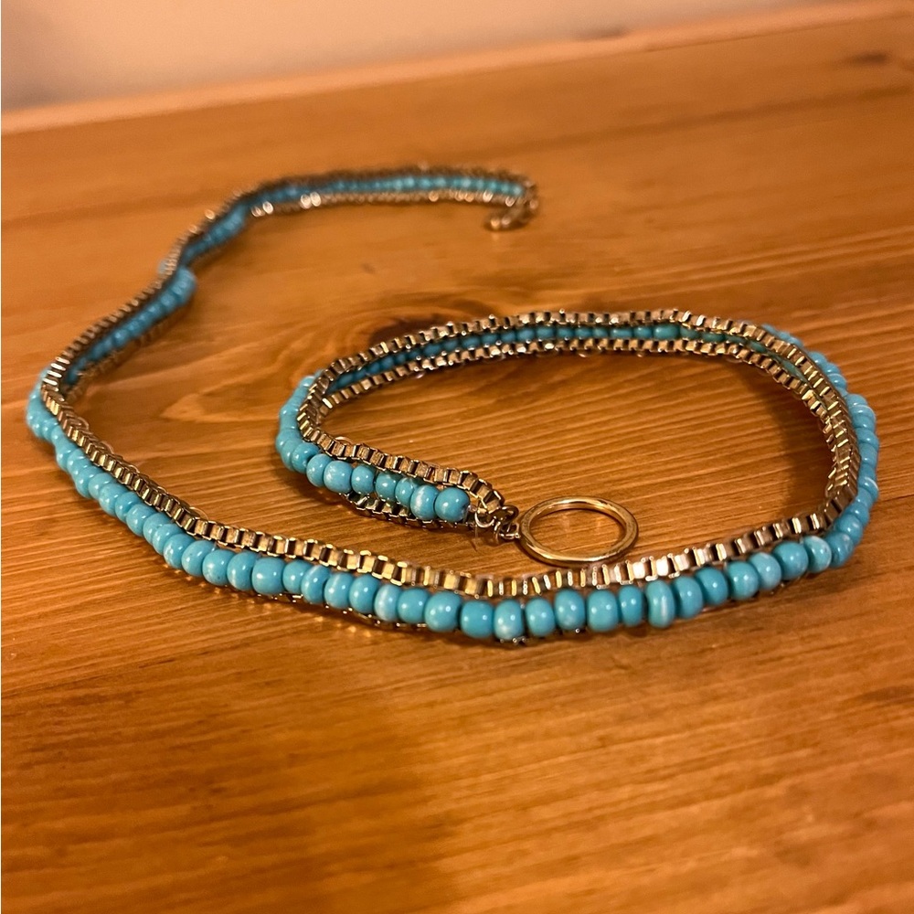 Turquoise color beaded wrap bracelet with gold edging and clasp 21” - Picture 5 of 9